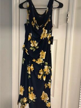 NWT Jessica Howard Navy Floral Cowl Midi Dress with Yellow Blooms